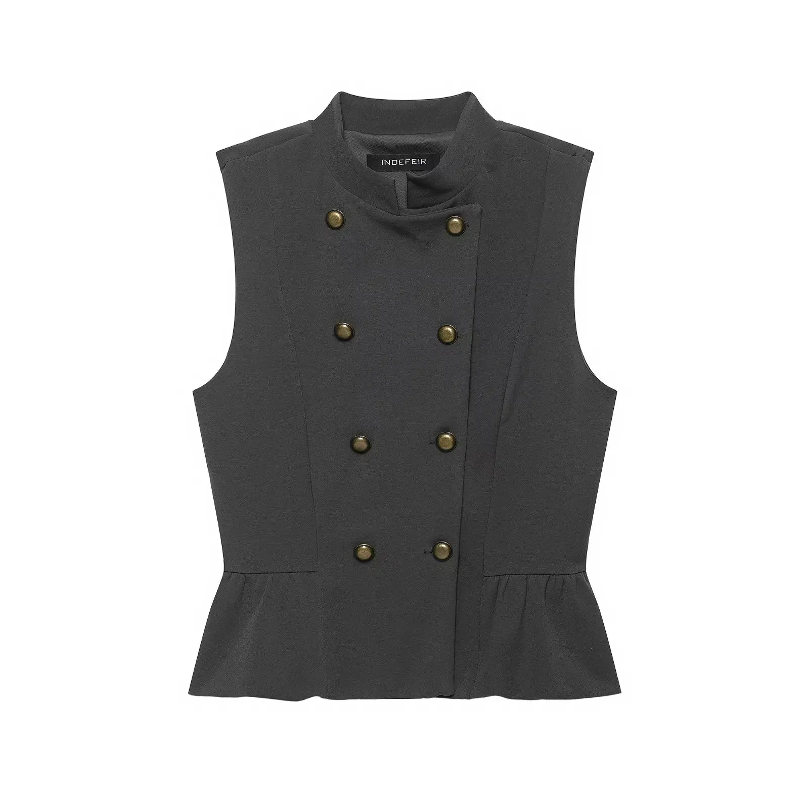 BSAY 2026 Women Double Breasted Sleeveless Vest Stand Collar Ruffle Hem Peplum Waistcoat Vintage Button Decor Tank Top Outerwear