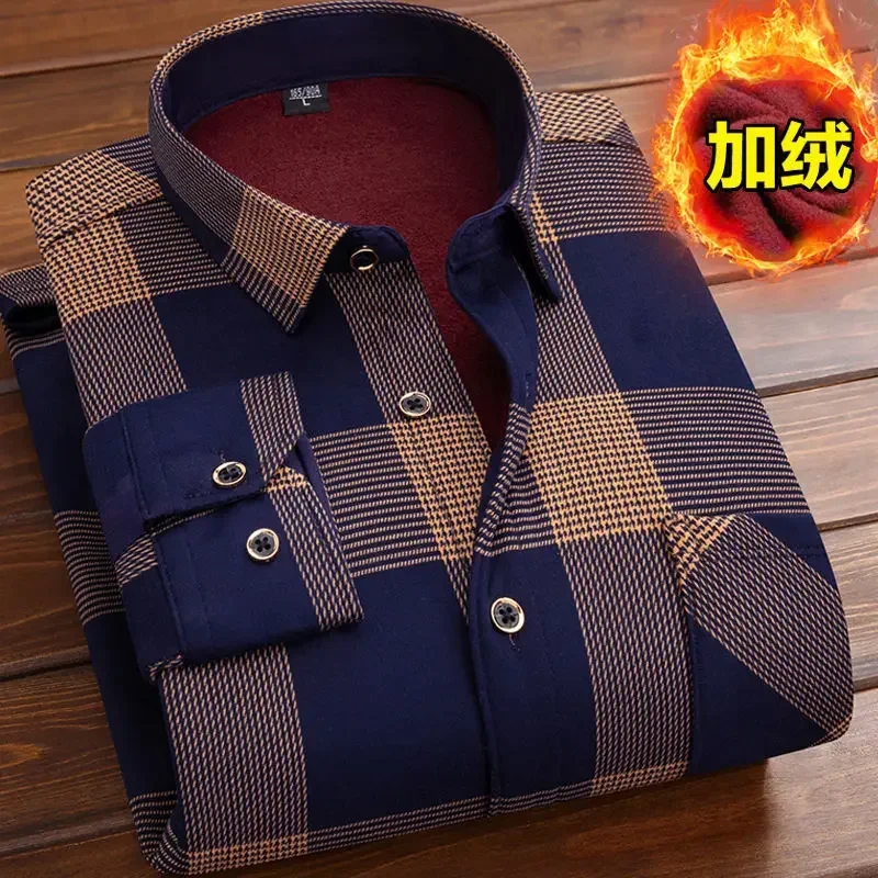 Men\'s Casual Warm Shirts Flannel Fur Lined Thick Long Sleeve Plaid Autumn Winter Shirt Comfortable High Quality Dress Shirts