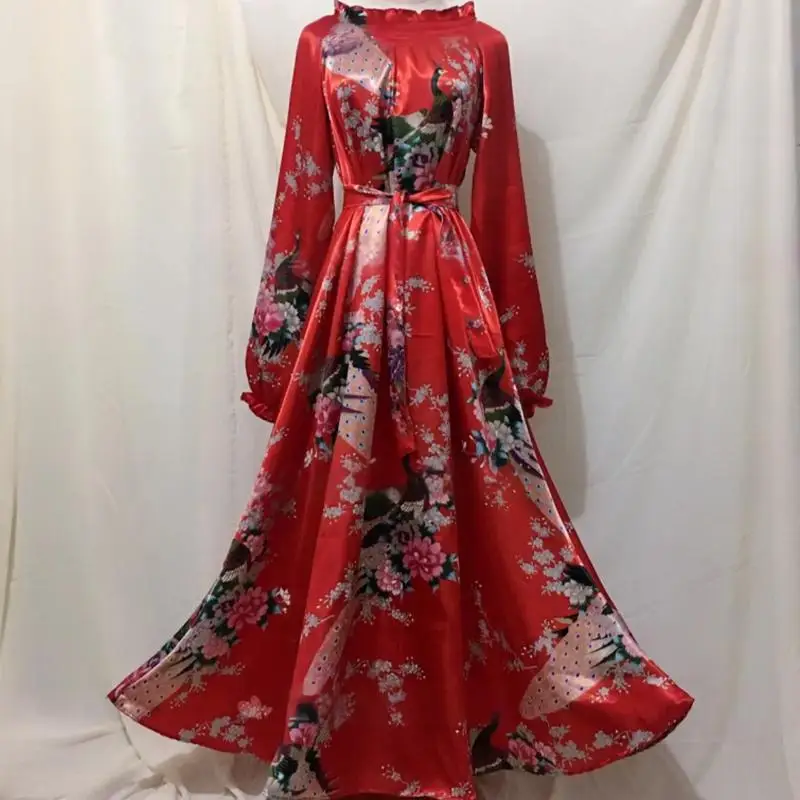 

Men Women Silky Ice Silk Printed Ruffled Long Dresses Sissy Party Elegant With Sashes Maxi Kaftan Robe Plus Size Nightdress