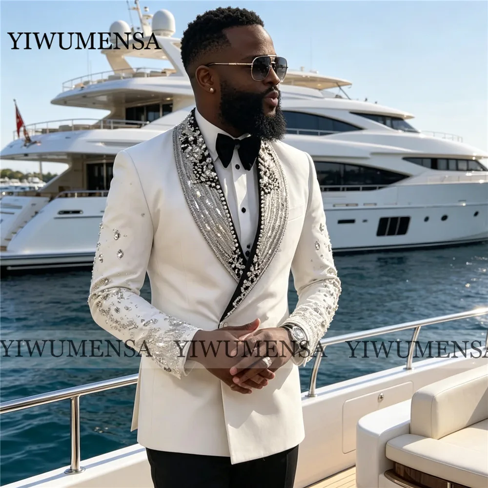 Glittering Beaded Wedding Suit For Man Slim Fit Black Shawl Lapel Prom Blazer Customized 2 Piece Sets Male Fashion Groom Tuxedos