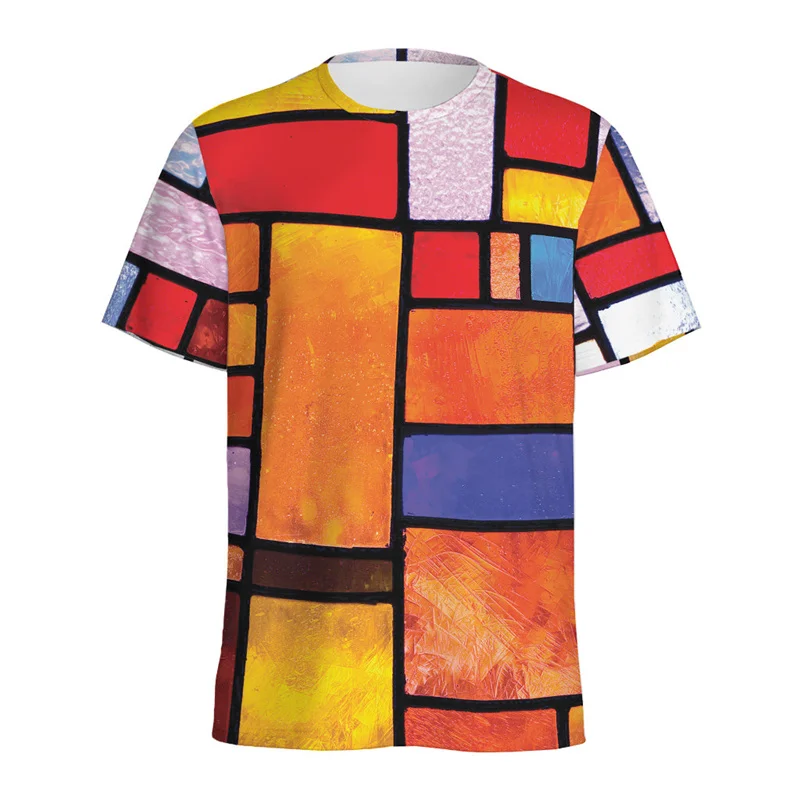 Colorful Stained Glass Pattern T Shirts Men Retro 3D Printed Geometric T-shirt Tops Women Short Sleeves Summer Street Tee Shirt