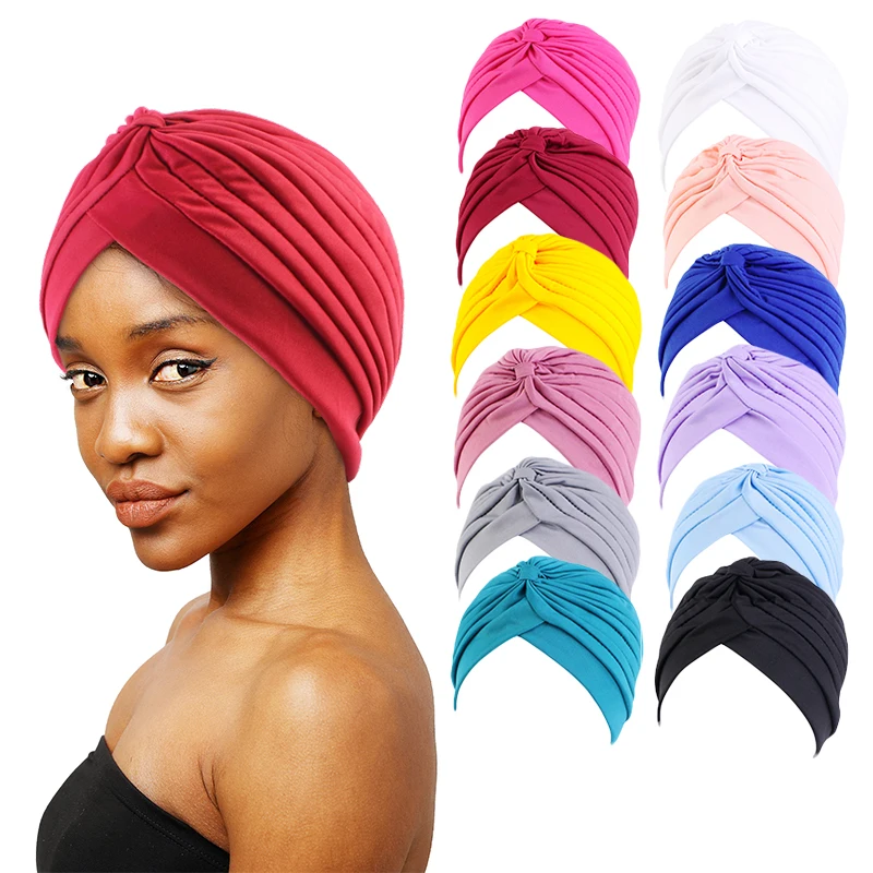 12PCS/LOT Women Indian Twist Knot Muslim Stretch Soft Hijab Turban Head Wraps Bonnet Multifunctional Solid Color Pleated Scarf