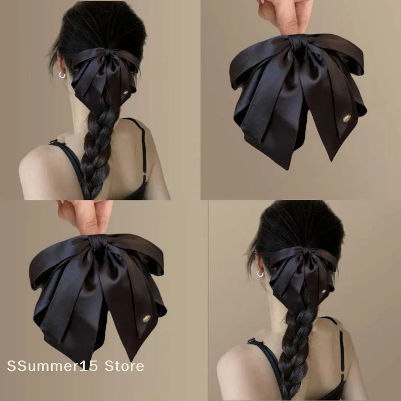 【R】Simple Black Satin Bow Ponytail Clip For Women Girls Light Luxury Hair Clip Temperament Exquisite Hairpin Hair Accessories
