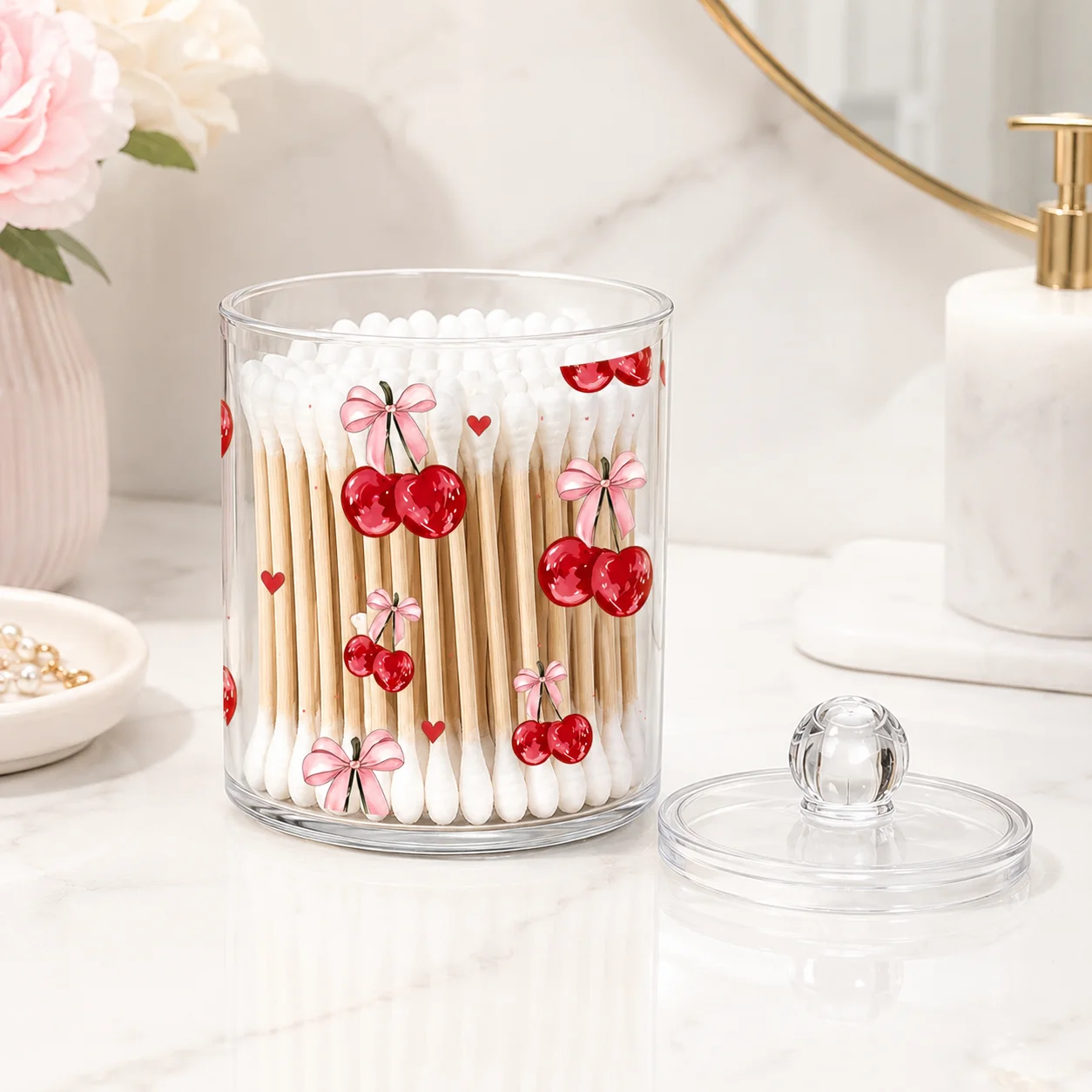 Cherry Print Clear Acrylic Cotton Swab Holder with Lid, Dustproof Q-tip Cotton Pad Organizer for Women Bathroom Vanity