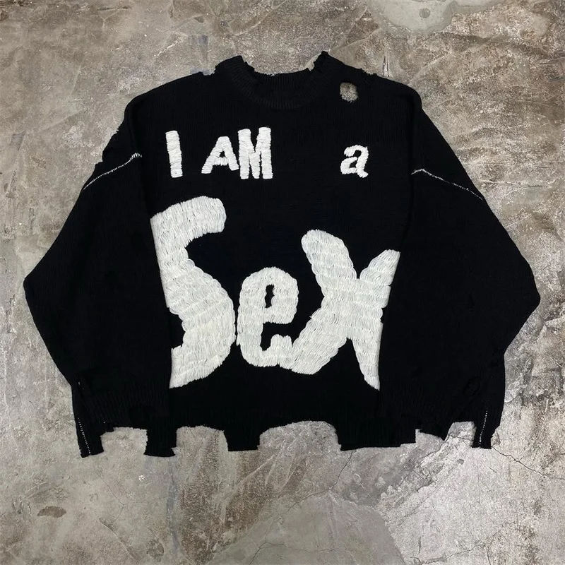 New black Saint Mxxxxxx distressed sweater loose casual men's streetwear