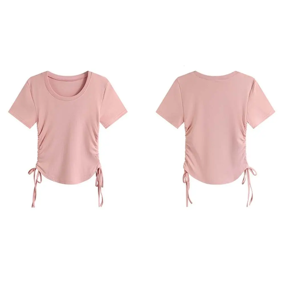 Pullover Drawstring Short-Sleeved T-Shirt Simple Solid Color Square Neck Basic Tees Shirt Ins Style Casual Short Blouse