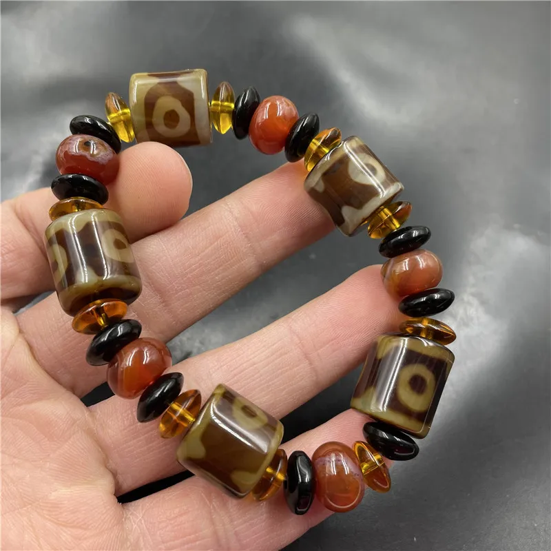 Agate Lane Three Eyes Tianzhu Agate Barrel Bead Bracelet Men's and Women's Old Agate Bracelet Special Offer