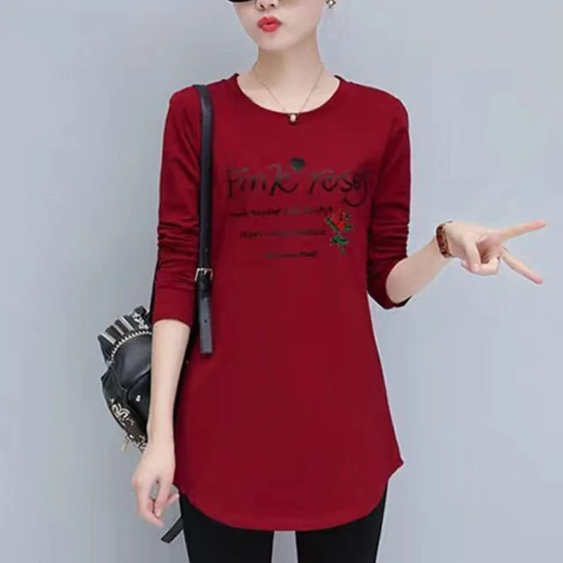 2023 New Spring and Autumn Fashion Mid Length Round Neck Solid Letter Printing Versatile Casual Simple Commuter Long Sleeve Top