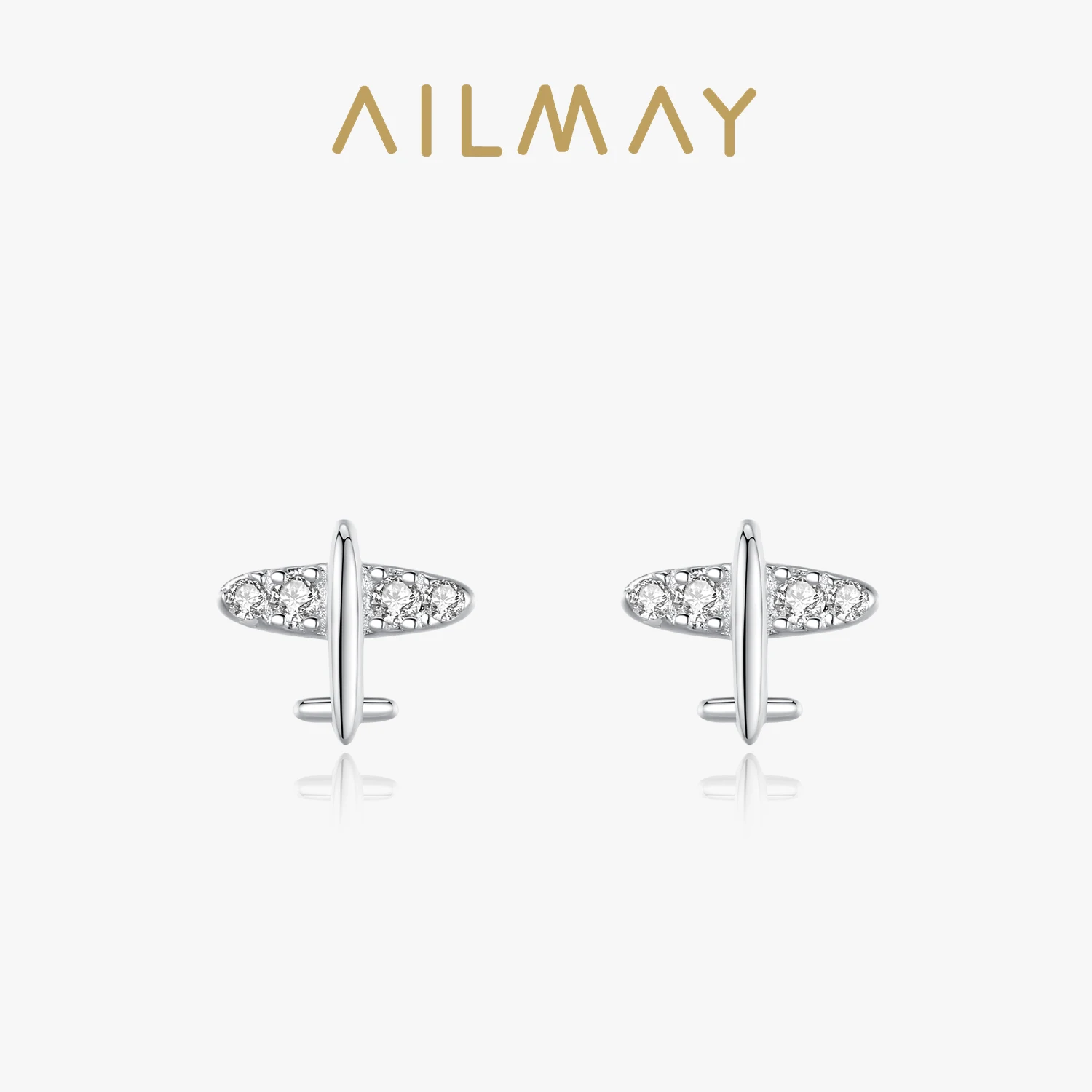 Ailmay Genuine 925 Sterling Silver Plane Simple Exquisite Clear Zircon Stud Earrings for Women Fashion Ear Pin Fine Jewelry