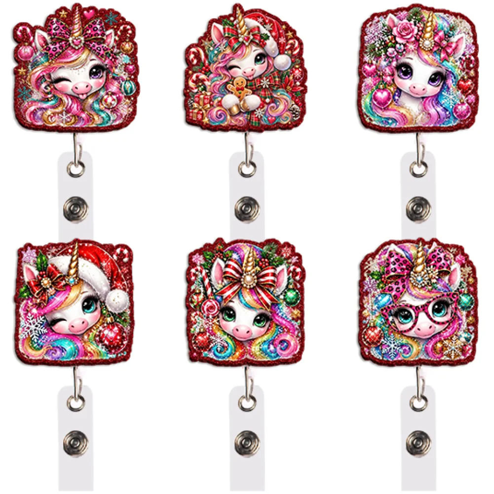 Christmas Candy Unicorn Badge Reel Set 6 Pcs Retractable with Clip for Work ID Card Holder Decor