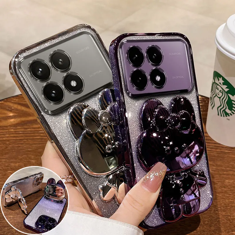 Luxury bracket Case For POCO F6 pro Glitter Mirror Rabbit Holder Soft Case for Xiaomi poco F6 M6 X6 pro C65 Shockproof Cover F6