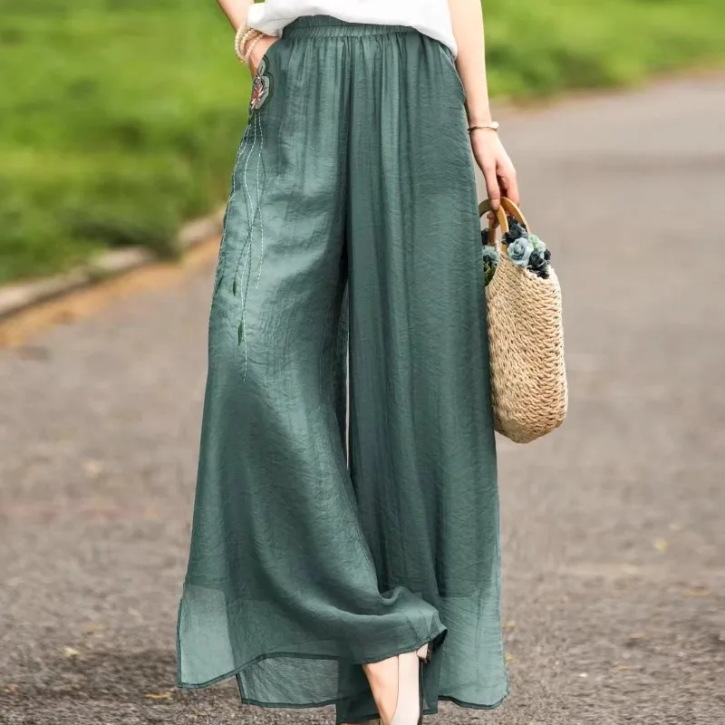 Women Summer Double Layer Wide Leg Pants Elastic Waist Loose Embroidered Trousers Ethnic Style Chinese Traditional Clothing
