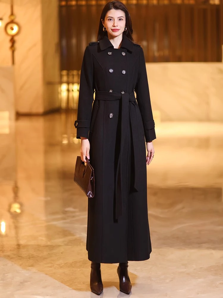 New Women Autumn Winter Classic Long Black Wool Coat Fashion Turn-down Collar Double Breasted Slim Wool Blended Overcoat