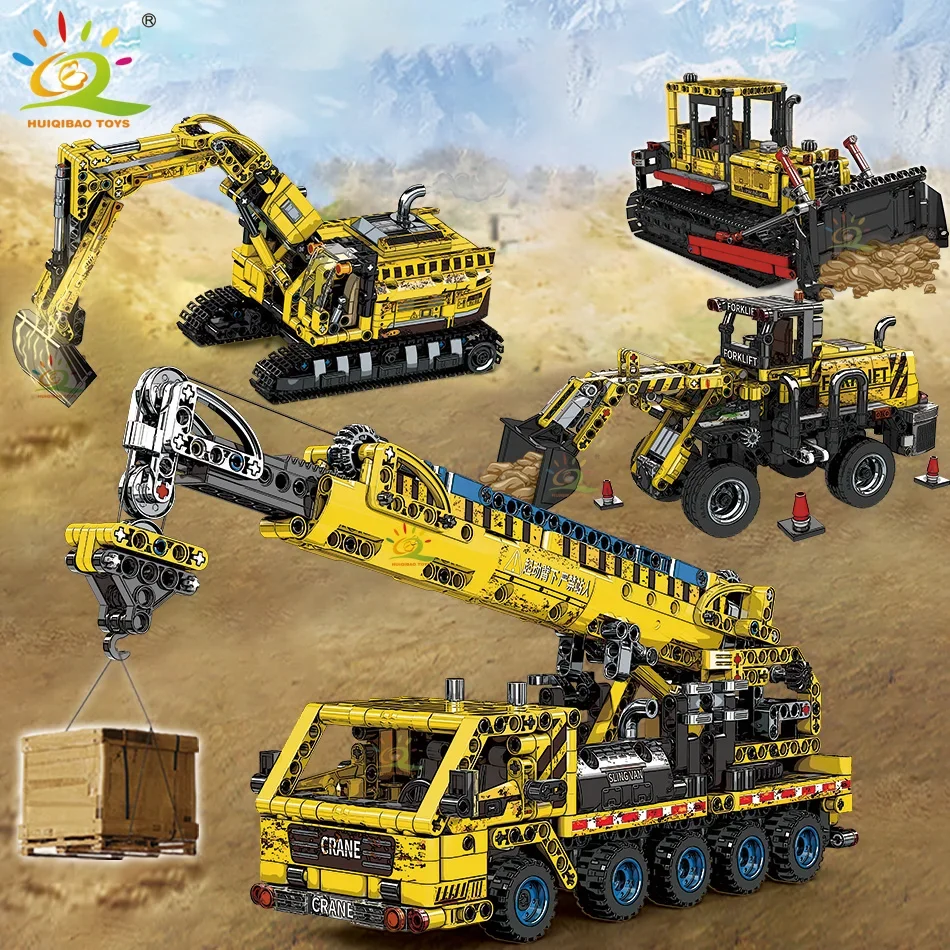 HUIQIBAO Engineering Excavators Bulldozers Model Building Block City Set Boy DIY Cranes Mixers Construction Brick Toys Children