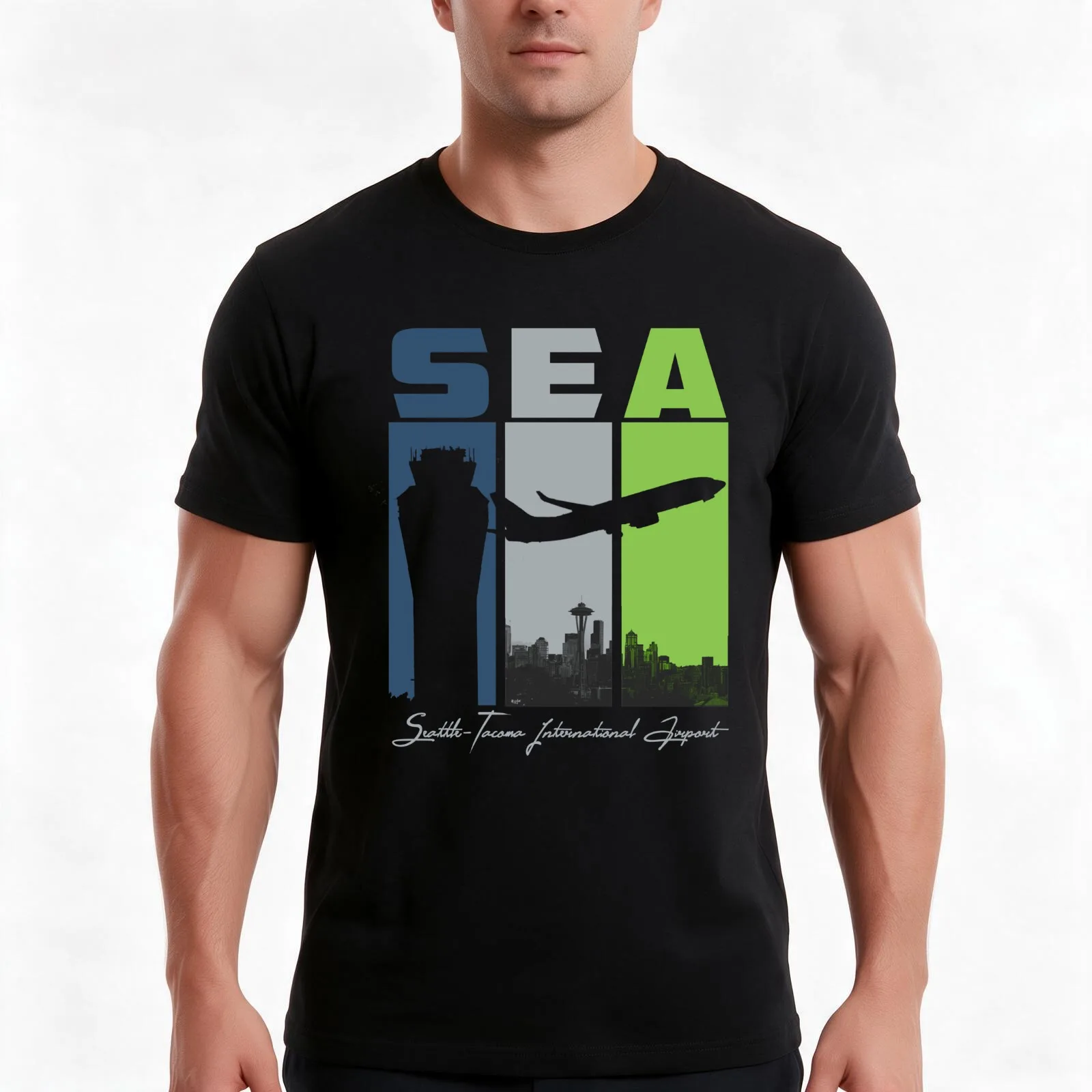 SEA Seattle Tacoma International Airport SeaTac Washington Retro Art T-Shirt, Summer Casual Cotton Tee, Vintage Graphic Print