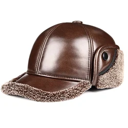 Genuine Cowhide Warm Winter Men's  Bomber Hat Thicken Leather  Baseball Caps keep warm With Ears Warm Dad's Hats