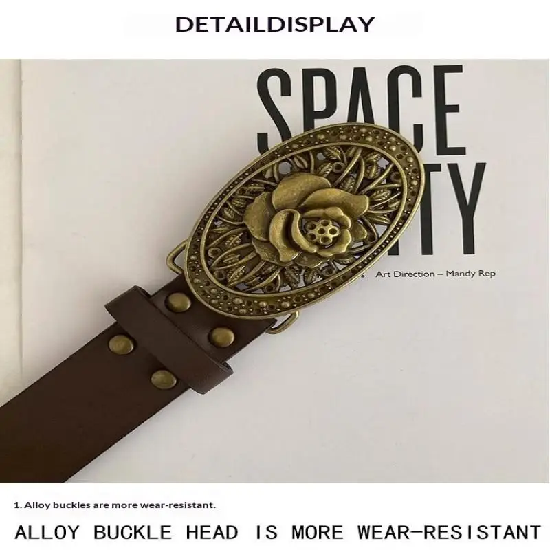Vintage-Gürtel aus braunem Kunstleder mit rosengravierter Schnalle und Nietenakzenten für Boho-Western-Alltagskleidung – Detail 8