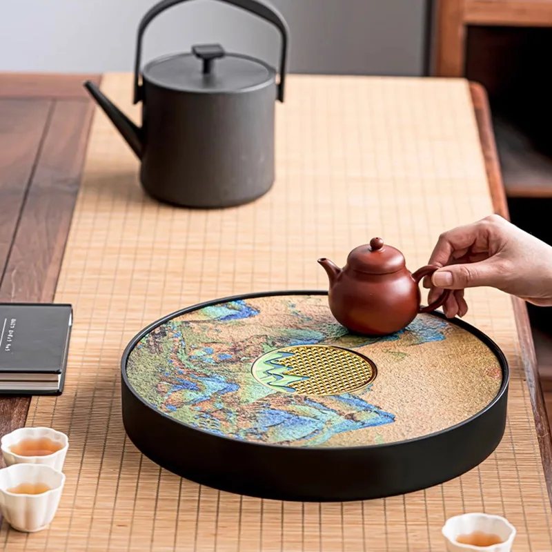 

Round Chinese Tea Tray Drainage Mini Living Room Hospitality Desk Tea Tray Coasters Serving Pot Bandeja Madera Home Products