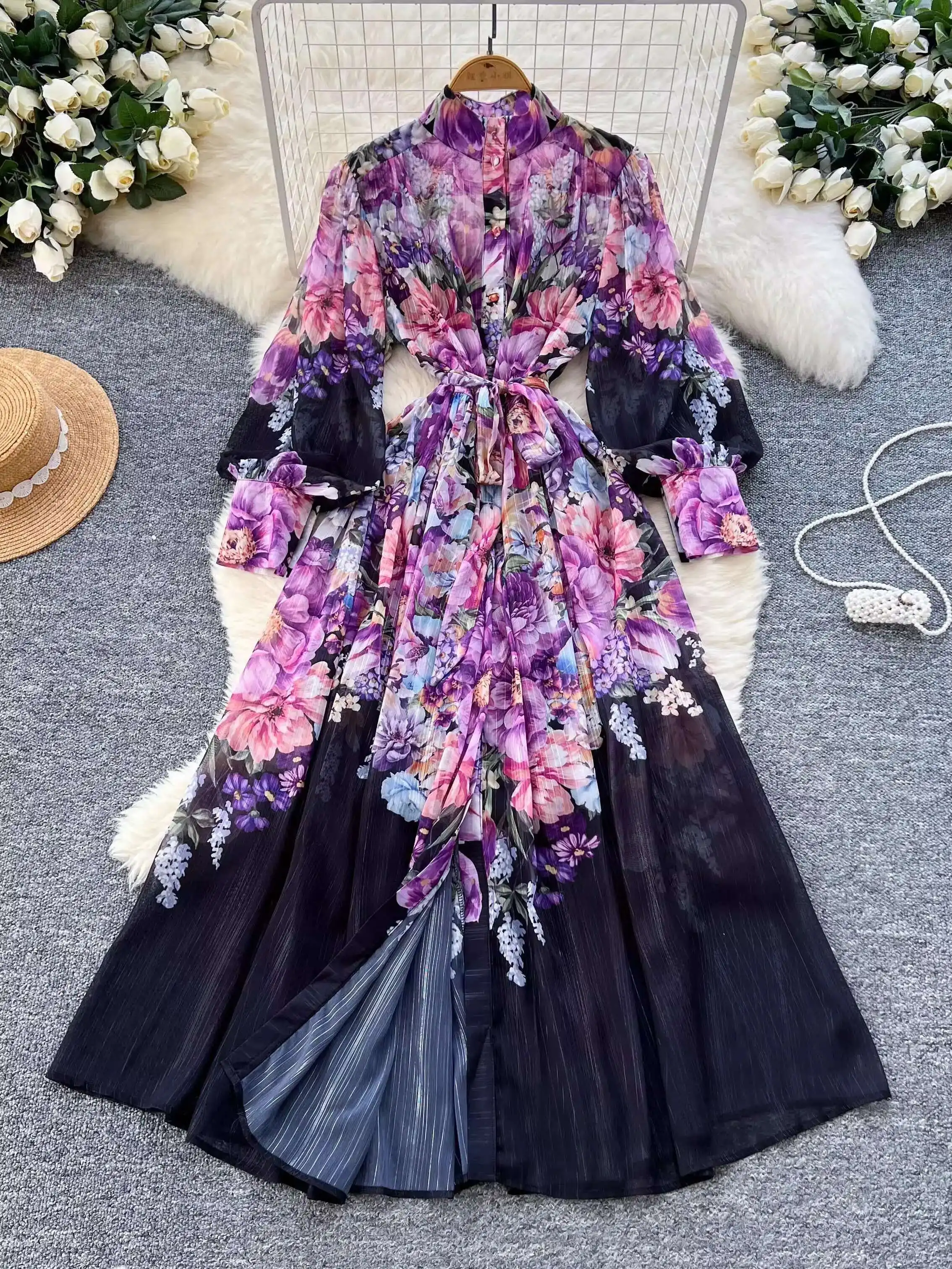 Elegant Florla Long Sleeve Maxi Dress Shirt For Women Summer Autumn Single Breasted Printed Midi Chiffon Dresses Evening Robe