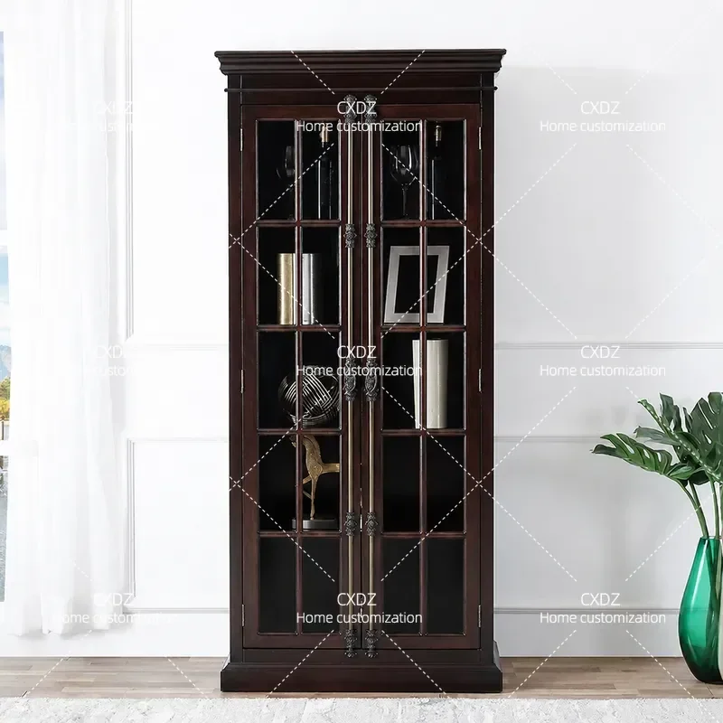 Mediterranean Style Bookcase with Glass Doors Entrance Storage Cabinet Wine Display Shelf Study File Organizer Locker