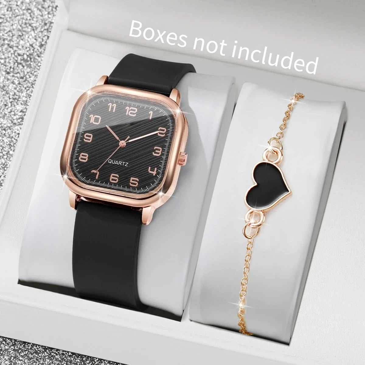 2PCS Fashion Square Women Watches Heart Bracelet Set Casual Silicone Strap Quartz Watch Reloj MujerWithout Box