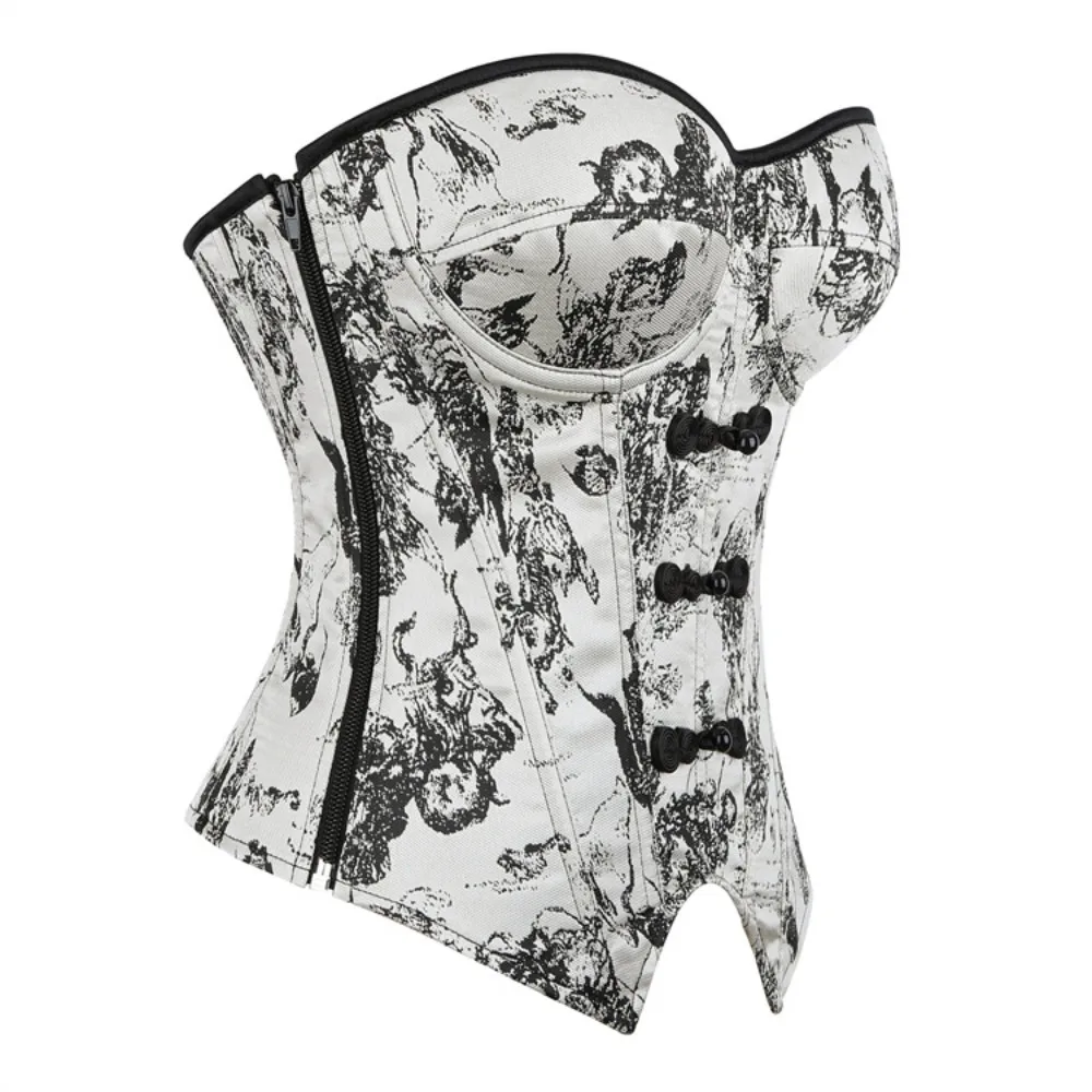Retro Light Luxury Court-Style Ink-Wash Painting Corset Women Strapless Spicy Girl Tiger Head Printed Fishbone Bustier