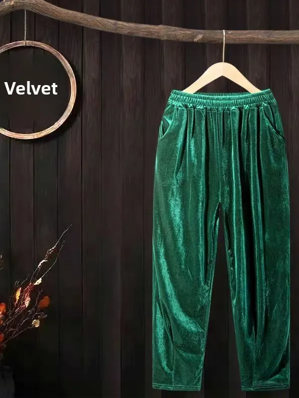 Slim Fit Velvet Wide Leg Pants for Middle-Aged And Elderly Women Early Autumn New Style Elastic Waist Draped Fat MM Thin Stra...