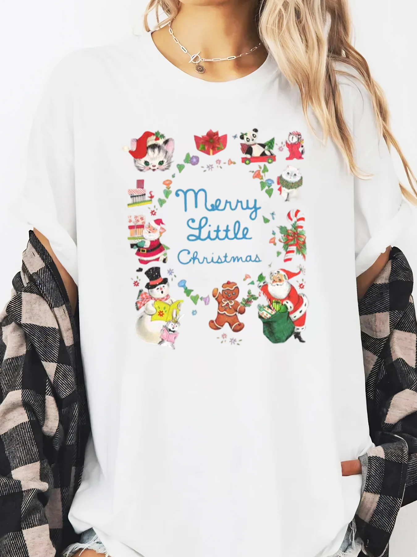 Feliz pequeno natal personagens dos desenhos animados imprimir férias camiseta feminina casual inverno wear branco plus size