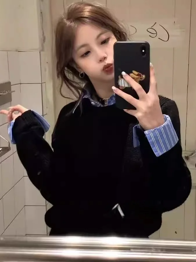 

Bla irt Collar Sweater Women's Autumn Winter Small Size Lazy High-End Knitted Top Detachable Two-Piece Sle Commute Faion