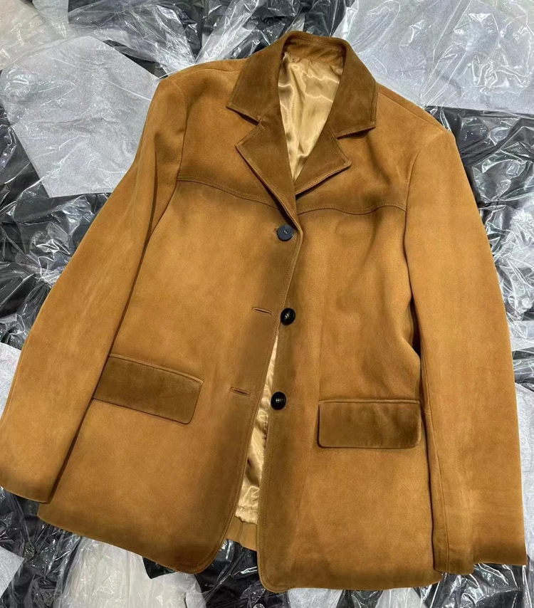 Chaqueta de ante de moda Vintage para mujer, abrigo de traje de silueta de vestir, Marrón degradado, Sakura, rosa, Otoño, 2024