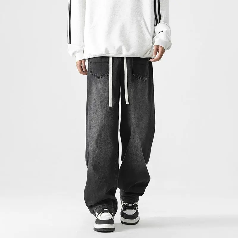 メンズハイストリートジーンズレトロ秋新作カーブドナイフルーズブラックアメリカンワイドレッグパンツカジュアルストレートレッグパンツ