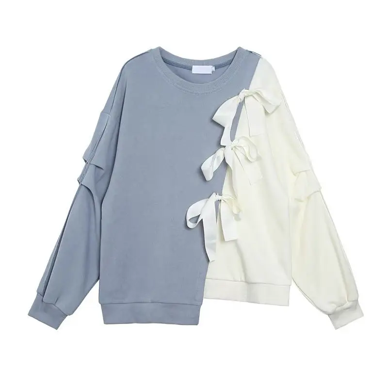 Moletom americano de manga comprida com laço de retalhos para menina, design retrô, moletom feminino, versátil e moderno, primavera/outono