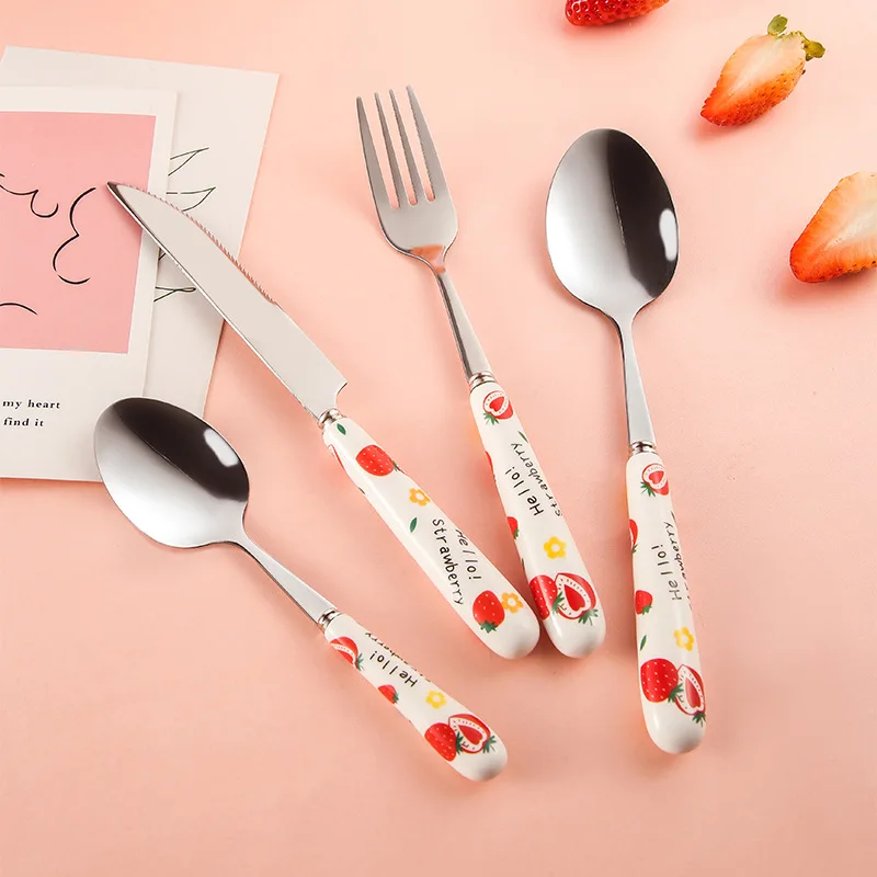 Stainless Steel Tableware Cute Cartoon Girl Heart Strawberry Ceramic Handle Main Dinner Knife Fork Spoon Kitchen Items