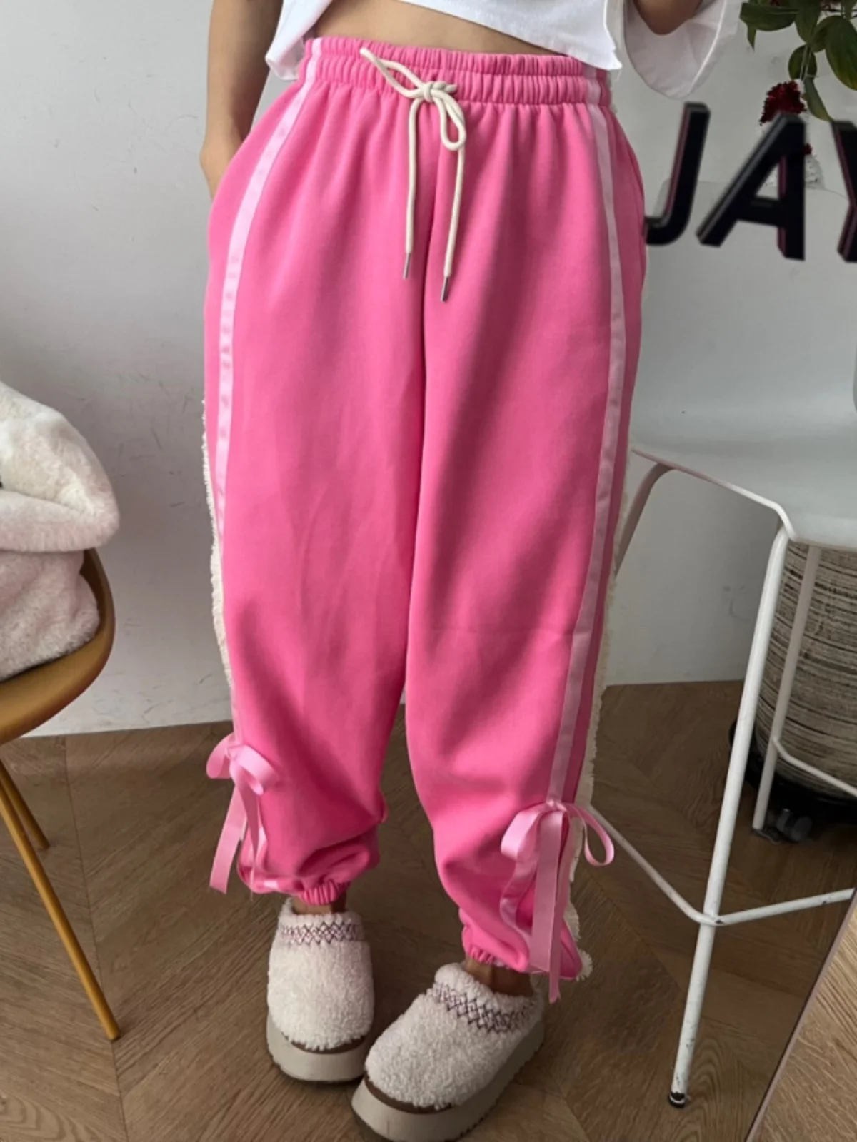 

Women's High Waist Fce Lined Casual Pants Knot Slimming Stripe Pattern Loose Fit Trousers Korean Sle Commute