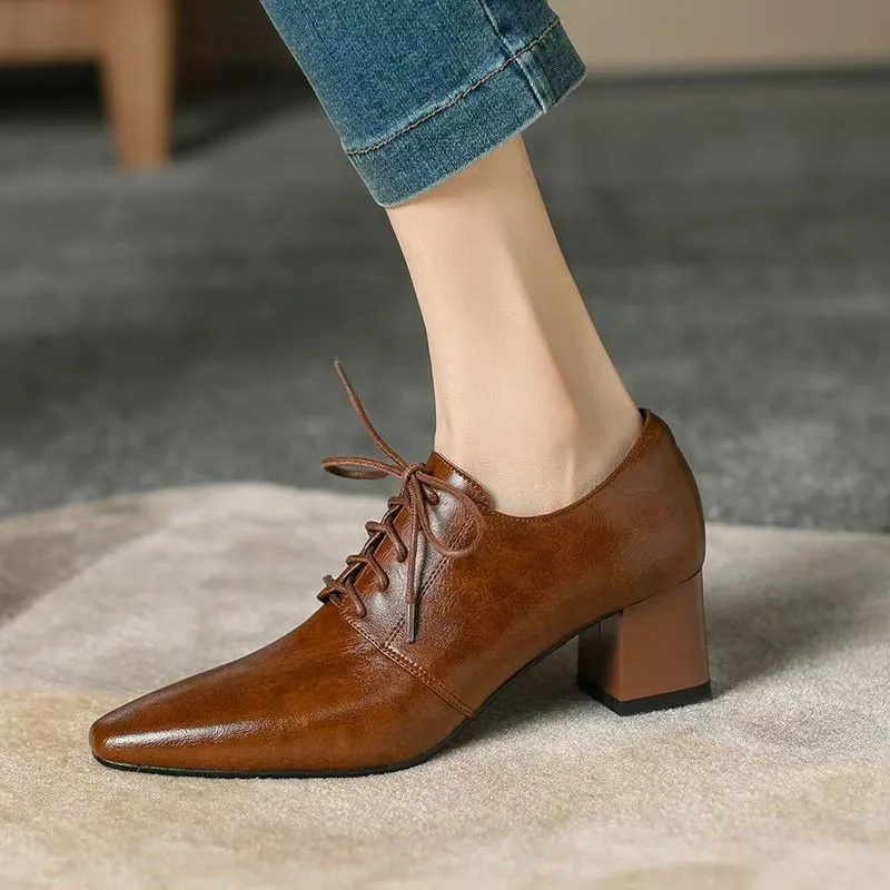 2025 Spring Autumn Women Pumps Natural Leather 22-25cm Cowhide Upper French Vintage Lace Up Pointed Solid Color 2 Step on Shoes