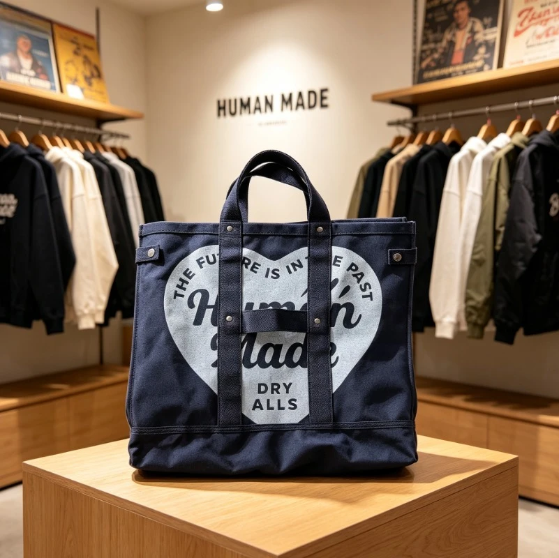 HUMAN MADE Canvas Tote Large Heart Print Heavy Duty Cotton Shoulder Bag Casual