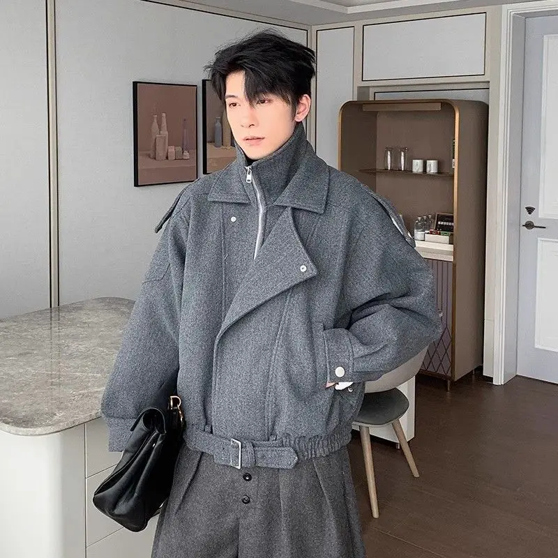 Fake two-piece woolen jacket men's winter thickened cleanfit short shoulder pads high-end silhouette double-layer collar jacket