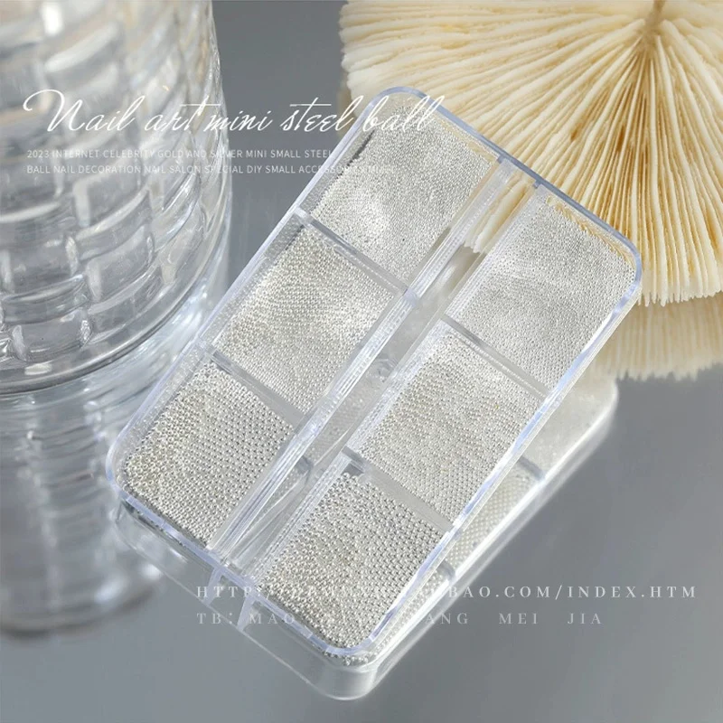 6 Grids Silver Stainless Steel Nail Beads 0.6/0.8/1mm Micro Round Caviar Balls Nail Rhinestones Micro Beads Nail Decor Supplies