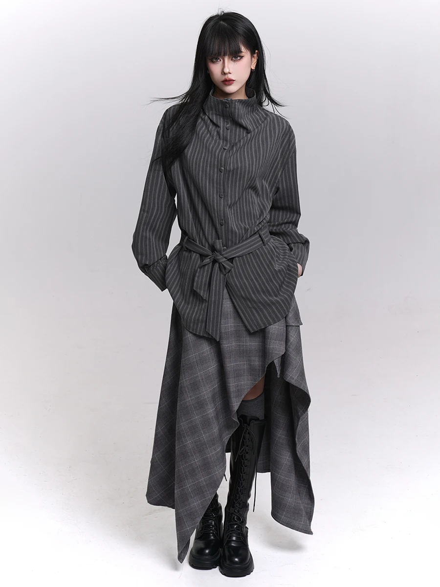 

Женская блузка Ghost Girl с высоким воротником, длинными рукавами, в полоску, средней длины, прикрывающая бедра, А-силуэт, элегантная, стильная