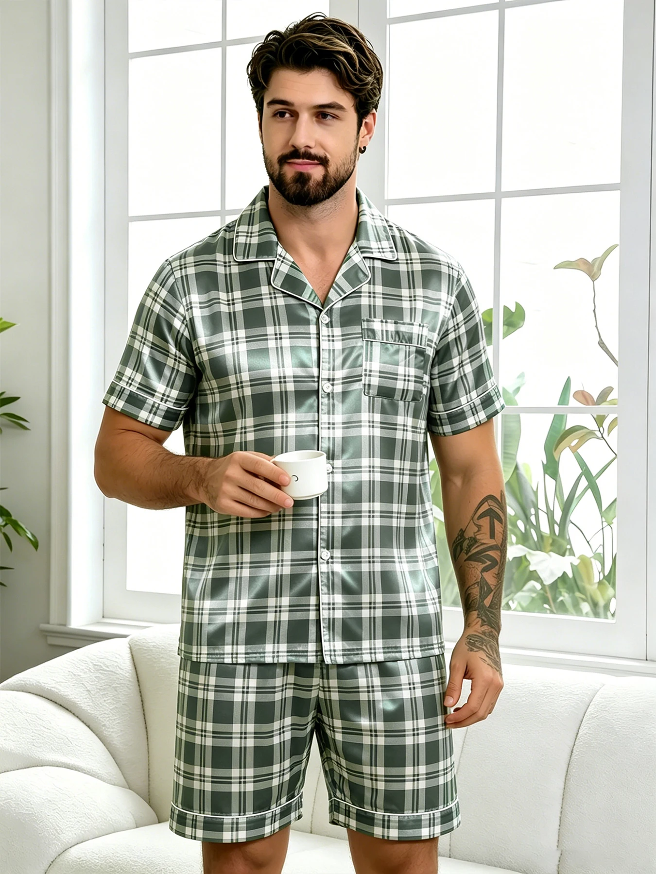 

Men's Pj Satin Cartoon Print Pajama Set Short Sleeve Wiht Shorts for Men Pajamas Soft Sleepwear for Summer Homewear Lougewear