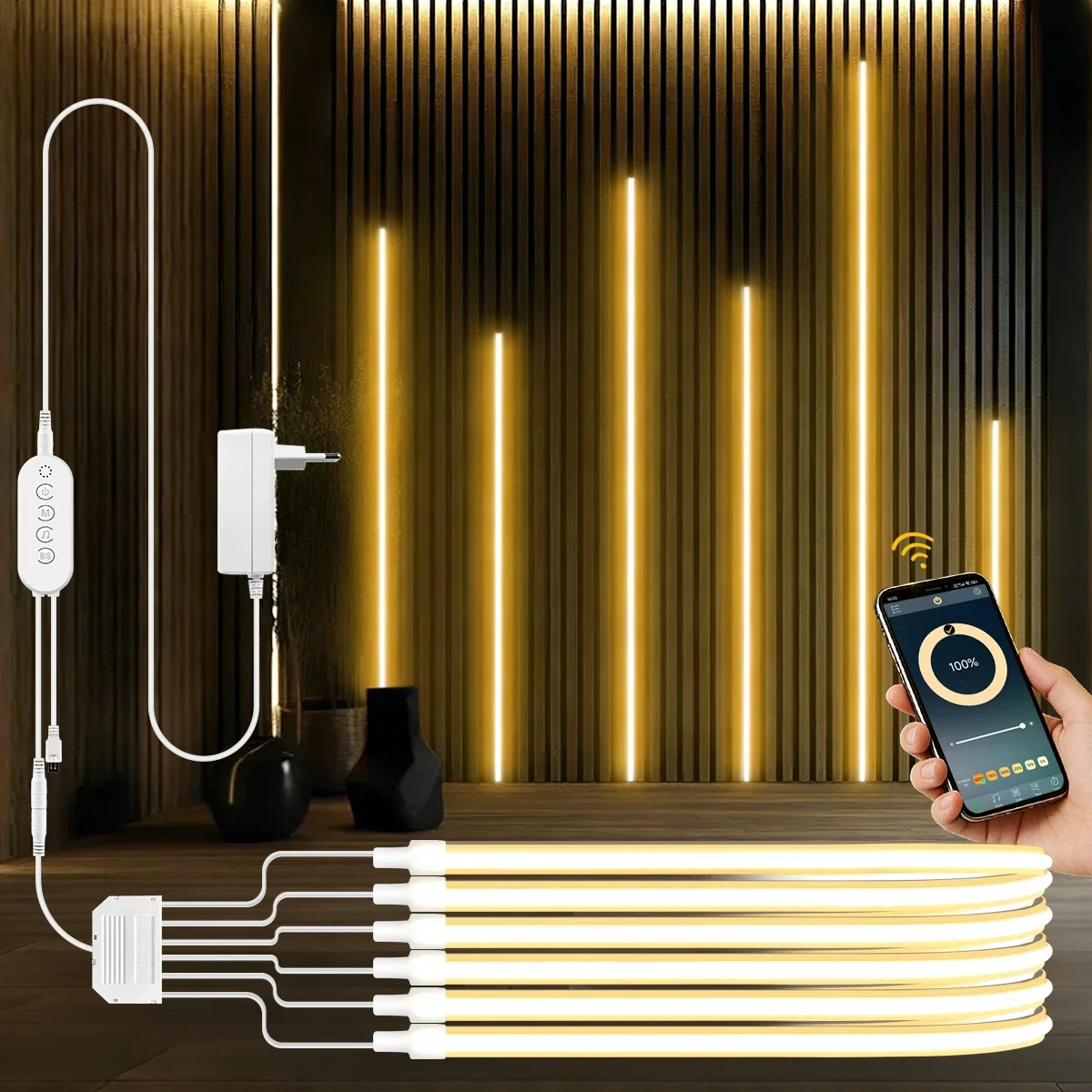 

Светодиодная лента для декора стен, неоновая лента 24В с управлением по Bluetooth и RF, фоновая подсветка для вечеринок, COB-свет с синхронизацией по ритму музыки, диммируемая, с таймером