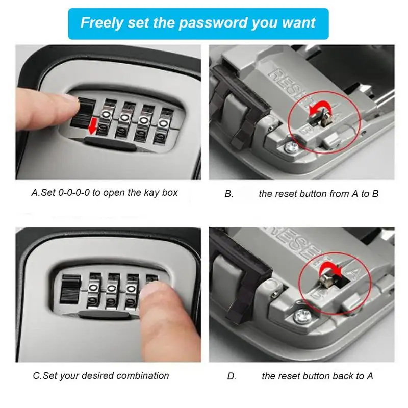 Resettable Key Lock Box, Combinação de 4 dígitos, Porta-chaves, Caixa de senha, Casa, Apartamento, Chave sobressalente