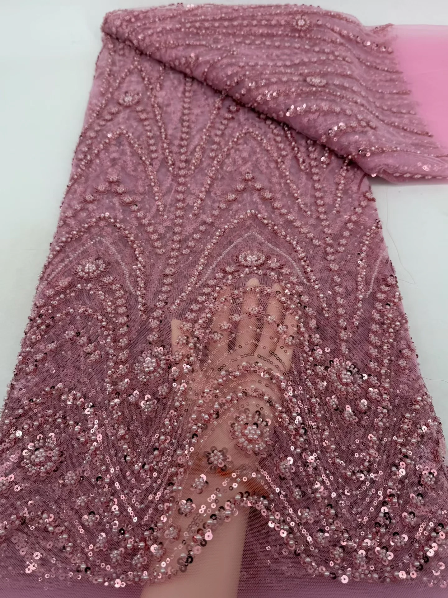 Luxury African Lace Fabric 2025 High Quality Sequins Beads Lace Fabrics For Nigerian Wedding French Tulle Lace Fabric 5Y Hm179-1