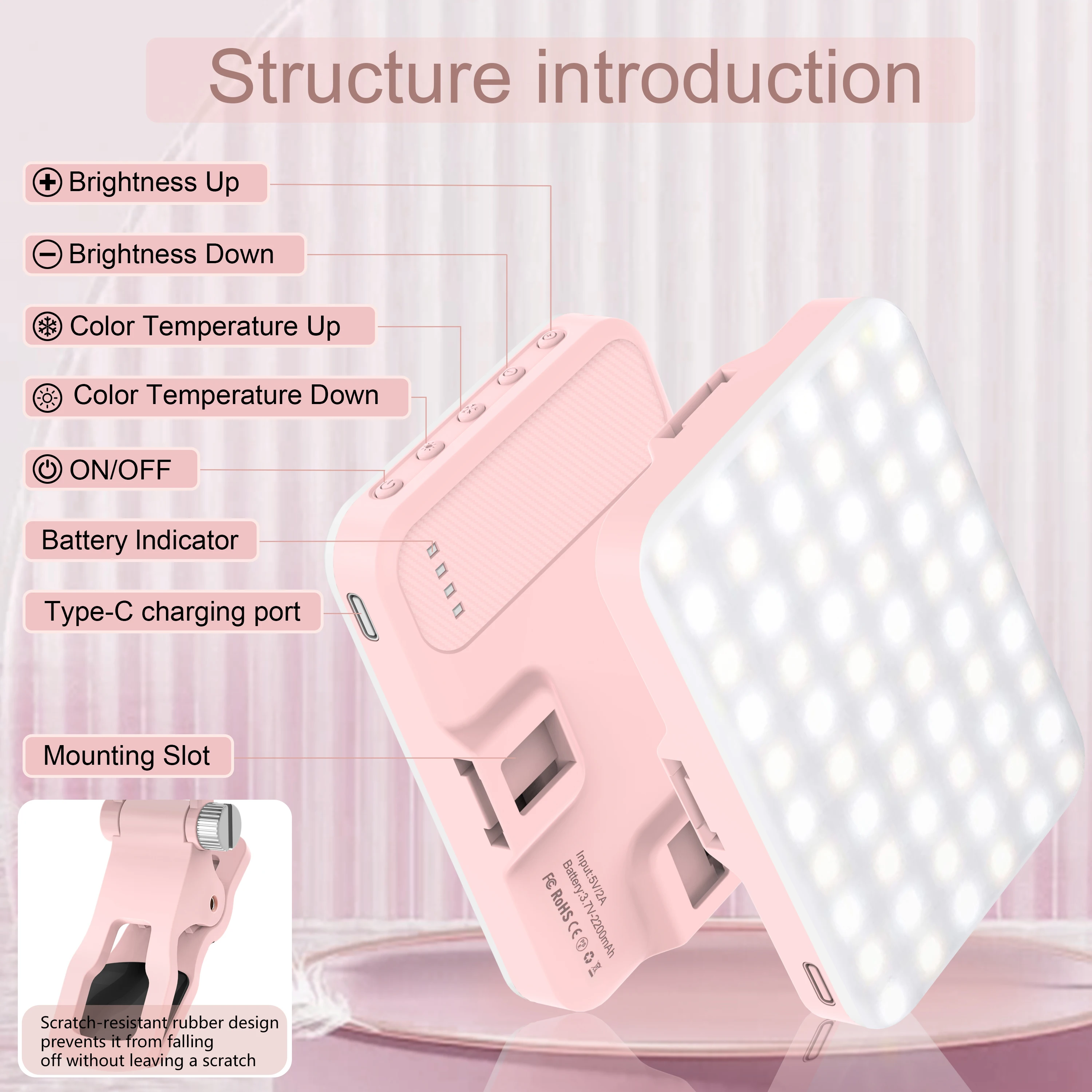 LED Selfie Light 60 High Power Rechargeable Clip Fill Video Light for Phone iPad with Front & Back Clip Adjusted 3 Light Modes