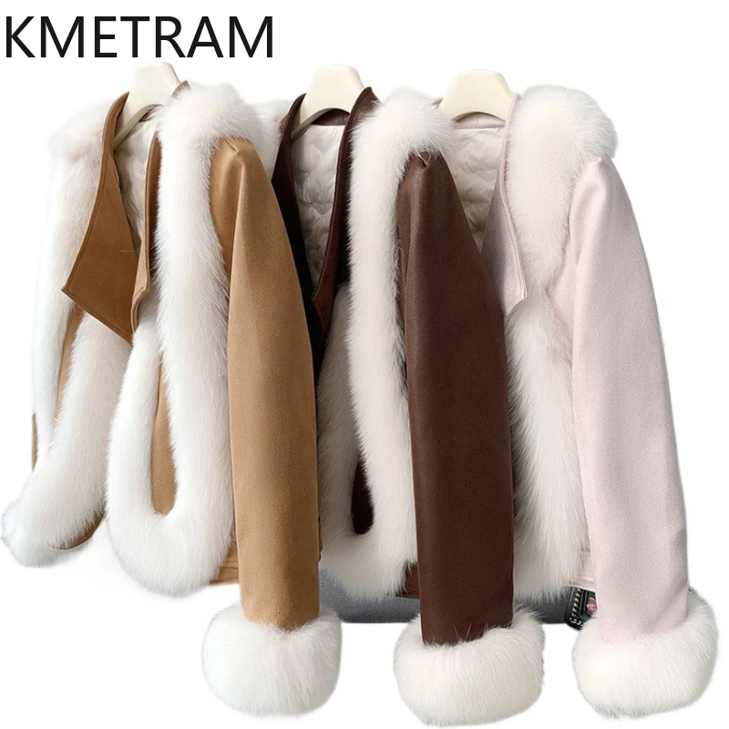 KMETRAM 100% Fox Fur Collar Coat for Daily Commuting Short and Simple Style Women's Winter 2025 Fashion Clothing manteaux hiver