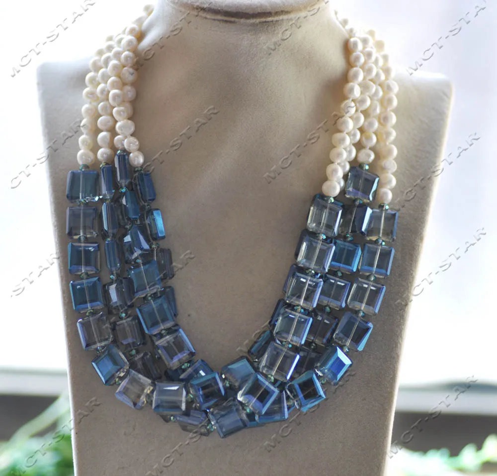 

MTC·STAR 4row 19" 13mm Square Blue Crystal White Baroque Pearl Necklace (Z12913)