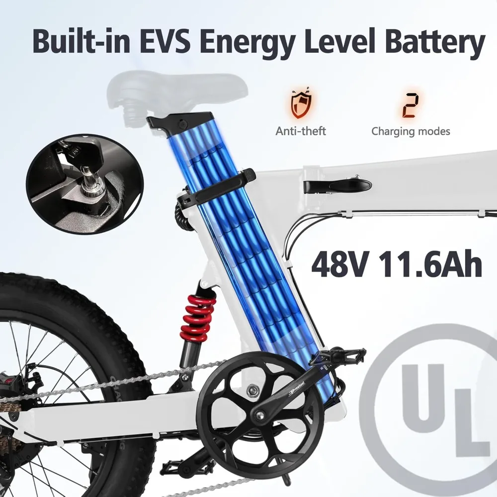 Electric Bike for Adults, 20'' Fat Tire Folding Ebike with Peak 1000W Brushless Motor 48V 11.6AH Removable Battery,7 Speed 25MPH