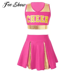 Dzieci dziewczyny cheerleaderek jednolite lato Cheer Leader kostium taneczny zestaw bez rękawów dekolt w literę krótka koszulka z nadrukiem z spódnicą ubrania
