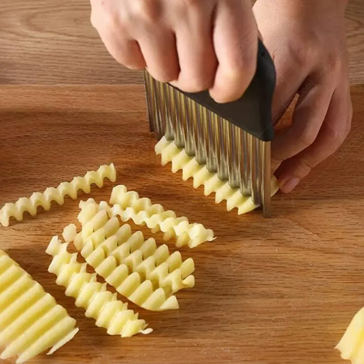 WXCOO Wavy Potato Cutter Stainless Steel Crinkle Knife Set for French Fries Salad Chopper with Peeler Hand Guard Chopping Board