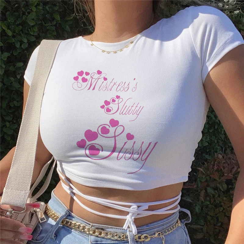 SISSY Sexy T Shirt Women White Short Crop Bandage Tee Tops Summer Fashion Girl Casual Short Sleeve Female Shirt Y2K Sexy Clothes